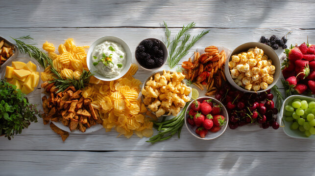 Overhead shot of a summer garden party intellectual nourishment table, displaying a diverseness of snacks on a white wood banner background.