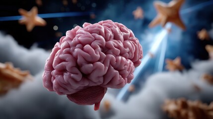 Artistic rendering of a pink human brain floating among clouds and stars in a dreamy, surreal universe scene