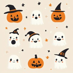 Cute cartoon Halloween faces with ghosts pumpkins and witch hat on pastel background for festive clipart design
