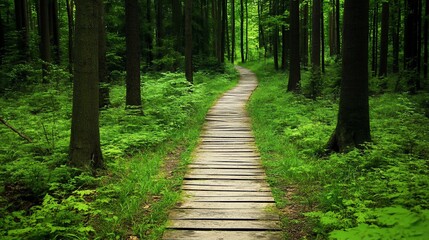 Fototapeta premium Wooden pathway through a lush forest