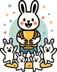 A Joyful Illustration Of Bunny Rabbits Celebrating Victory With A Gold Trophy And Confetti Shower