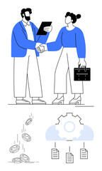 Two professionals shaking hands with clipboard and briefcase, coins dropping, gear with cloud and document icons. Ideal for collaboration, finance, partnership, management, strategy, growth