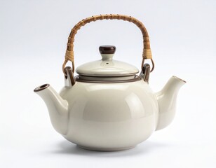 Ceramic teapot with rattan handle. Beige color, a small lid with a brown knob and a light brown trim. White background