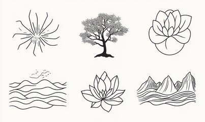 This set of linear icons represents natural elements like the sun, trees, flowers, mountains, cactus, and birds