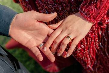 Romantic Moment of Engagement with Two Hands Joining
