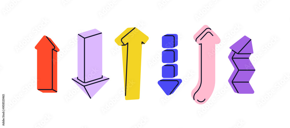 Poster Arrows up and down set. Direction and navigation, UI pointing icons. Graphic design elements for interface for action, motion upward, downward. Flat vector illustrations isolated on white background