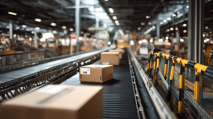 The image shows a conveyor belt transporting cardboard boxes through a brightly lit warehouse filled with stacked goods.