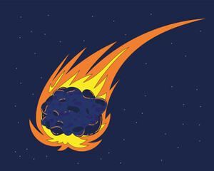 Fototapeta premium Cartoon comet or meteorite with glowing orange trail crashing into asteroid, perfect for science-themed design.