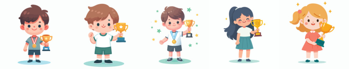 vector boy and girl lifting trophy