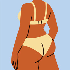 Fototapeta premium Woman in bikini, back view. Female with feminine curvy plus-size body, buttocks. Beautiful sexy figure shape in bra and panties from behind. Girl in underwear, lingerie. Flat vector illustration