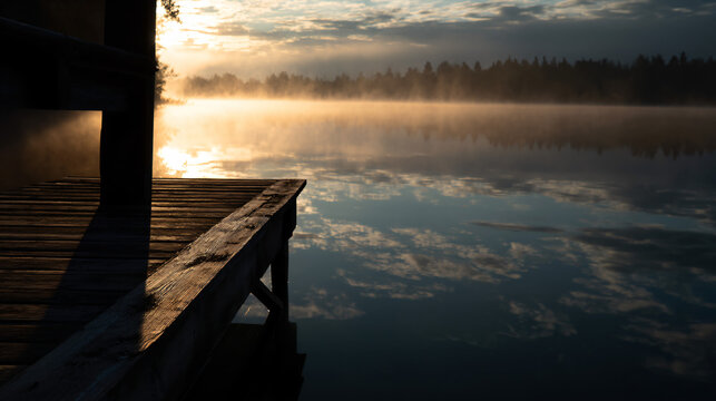 Peaceable lakeside dock at dawn, with sonant morning mist rising from the water.