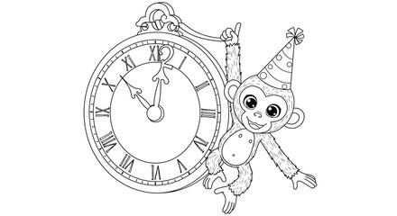 Playful Monkey Character Hanging onto a Countdown Clock Coloring Sheet