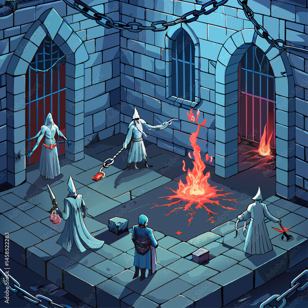 Poster a group of people are chained in a dungeon. the dungeon is dark and gloomy, with a few windows and a