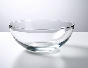 A clear, empty glass bowl rests on a white surface against a gradient background, emphasizing its transparency and shape
