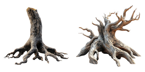 Weathered tree stump roots pair isolated on transparent PNG image perfect for nature illustration projects or ecological studies