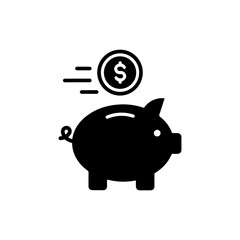 Black Icon of Coin Dropping Above Piggybank in Motion