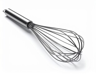A shiny, stainless steel whisk rests diagonally against a white background. It is a baking tool used to blend ingredients