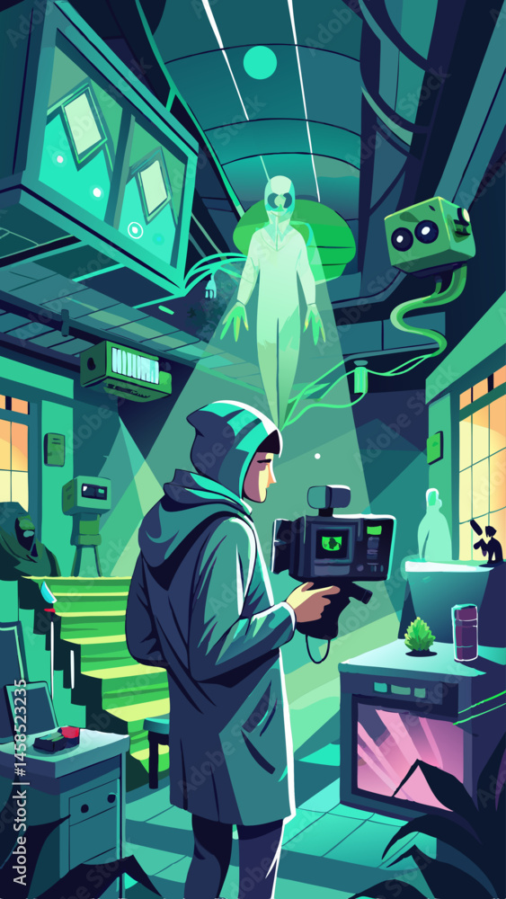 Poster a man is holding a camera in a room with a green background. the room is filled with various objects