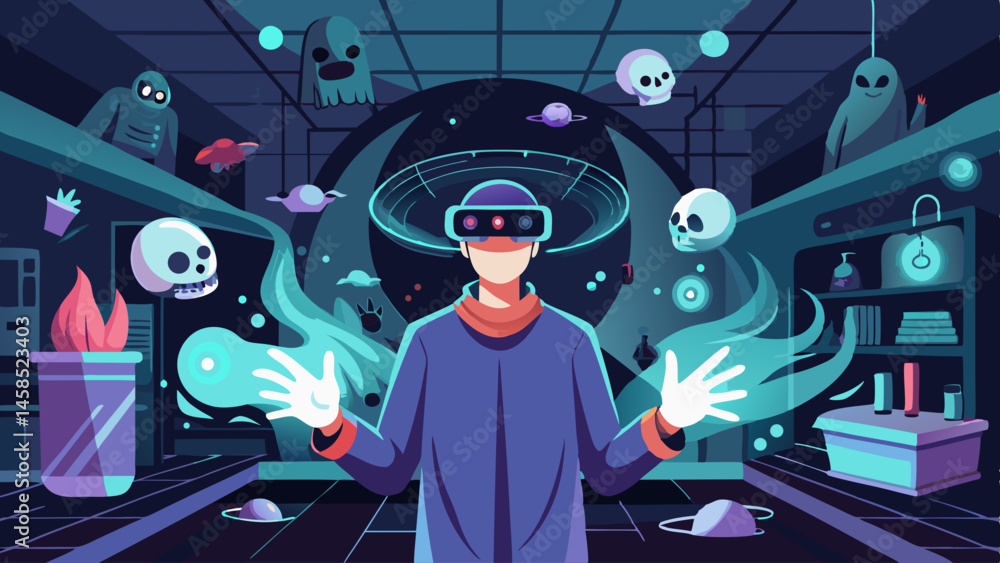 Poster a man in a purple jacket is playing a video game with a virtual reality headset on. the image is a c