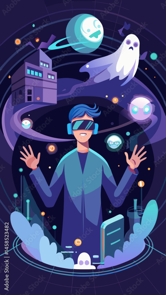 Poster a man in a purple jacket is playing a video game with a virtual reality headset on. the image is a c
