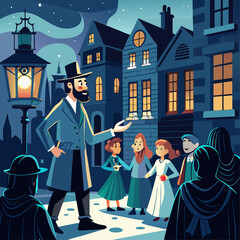 A man in a hat is standing in front of a group of children. The children are dressed in costumes and appear to be listening to the man. The scene is set in a city at night