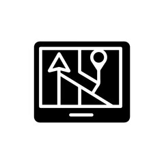 GPS navigation device icon black flat style, location tracking symbol, map direction graphic, satellite positioning vector, digital route finder, travel navigation tool, stock illustration