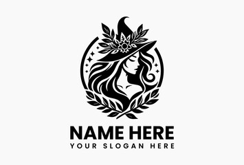 Obraz premium Minimalist black and white witch wearing a hat surrounded by symmetrical floral leaves in elegant line-art vector logo design, symbolizing magic, elegance, and feminine mystique 