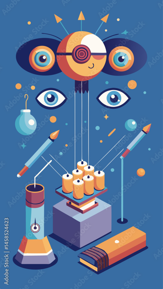 Poster the image is a colorful and abstract representation of a book, a pair of eyes, and a clock. the book