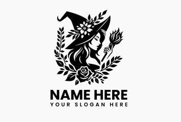 Fototapeta premium Minimalist black and white witch wearing a hat surrounded by symmetrical floral leaves in elegant line-art vector logo design, symbolizing magic, elegance, and feminine mystique 