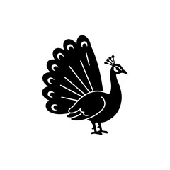Peacock Icon in Side View with Feather Outline - Black Silhouette