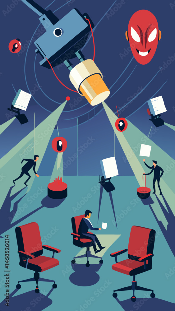 Poster a blue circle with a camera in the center and a person in the middle of it. the circle is surrounded