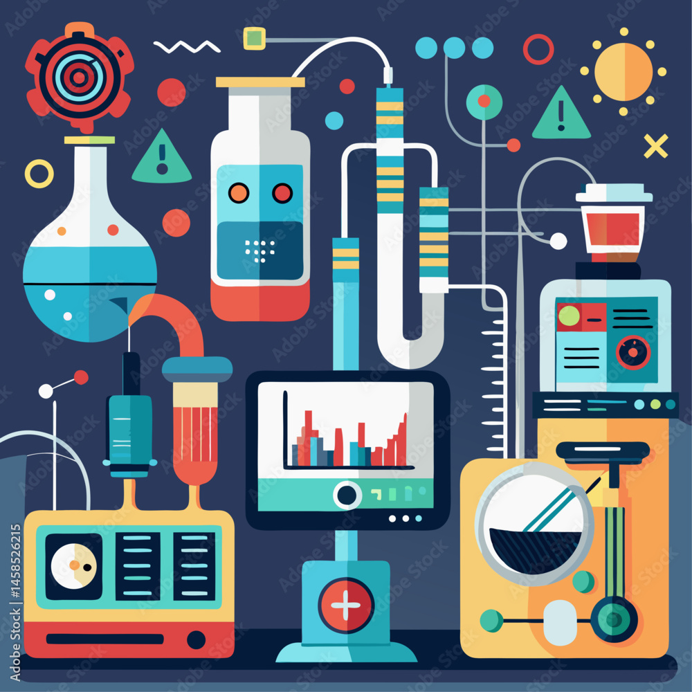 Poster a colorful drawing of a lab with various scientific instruments and equipment. scene is one of curio
