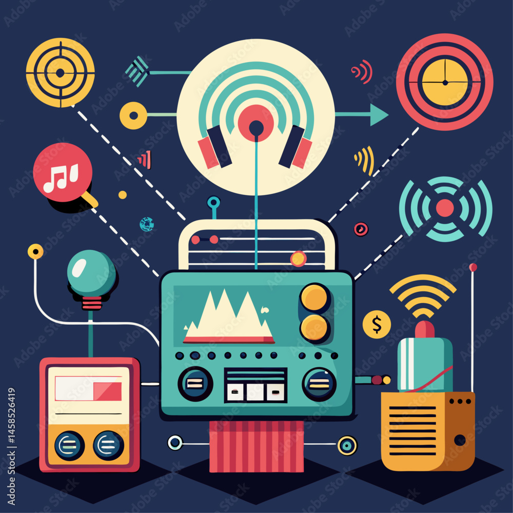 Poster a blue background with a radio and three cell phones. the radio is a small device that can receive a