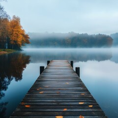 Naklejka premium Autumn Lake Scene with Wooden Pier and Morning Haze