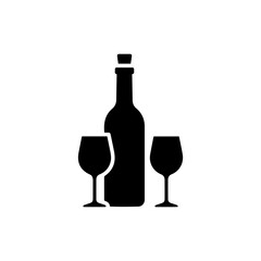 Wine Bottle and Two Glasses Icon in Black