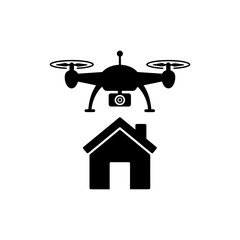 Black Filled Icon of Drone Flying Over Property, Real Estate and Aerial View Symbol