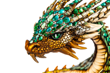 Jeweled dragon head, ornate gold scales, magical creature, cut out transparent
