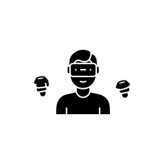 Black Filled Icon of Person with Virtual Reality Headset and Hand Controllers
