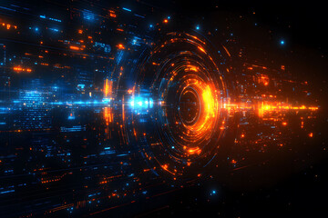 Futuristic Digital Interface with Glowing Orange and Blue Holographic Elements