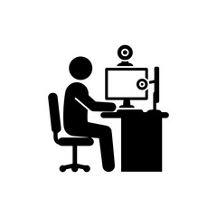 Flat Black Icon of Person Sitting at Desk with Dual Monitors and Webcam