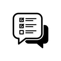 Checklist inside message bubble minimal black icon, task list in chat symbol, communication and task management graphic, digital messaging tool, productivity vector, work organization