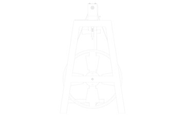  Foot-Powered Wood Turning Machine Vintage Style Treadle Lathe on Blueprint style 3D Transparent Line Art Technical Outline Engineering Drawing White Wireframe isometric orthogonal Illustration Vector