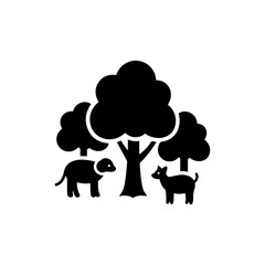 Forest Animals Under Tree Icon Black
