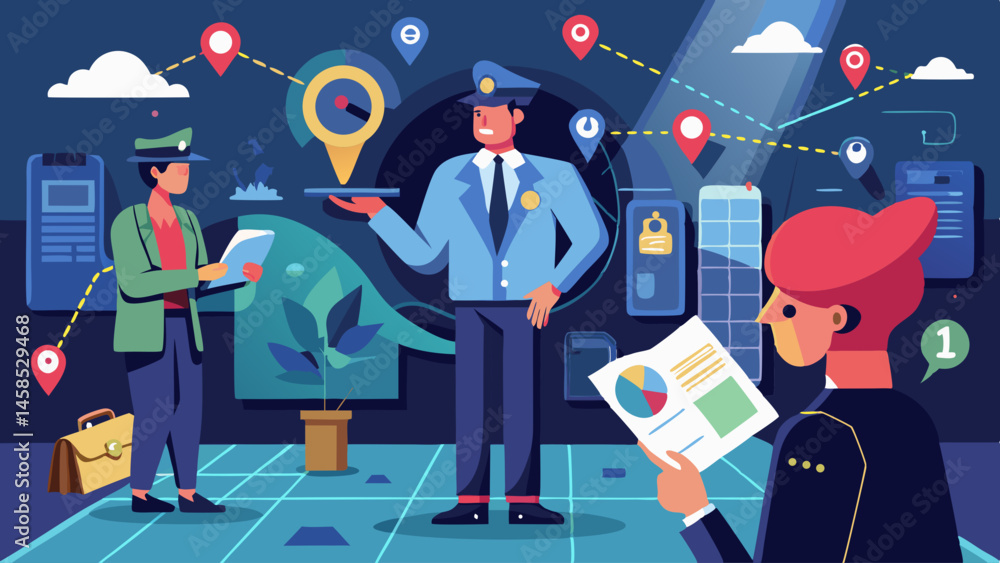 Poster a man in a police uniform is holding a tray with a plate of food. he is standing in front of a build