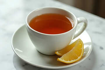 warm herbal tea in a matte ceramic mug, lemon slices placed elegantly on the saucer, placed on a marble surface, modern and clean composition 