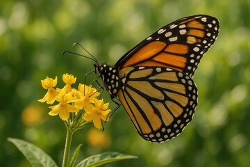 Fototapeta premium Monarch Butterfly on Yellow Flower Against Lush Green Background