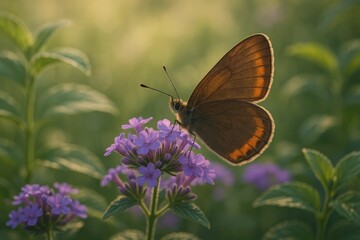 Obraz premium Beautiful Butterfly Resting on Purple Flower Petals in Sunrise Light