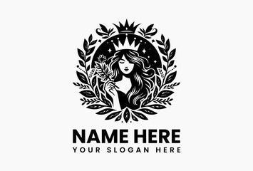 Ornate witch hat centered in a mirrored floral wreath, Victorian-era vector emblem for occult bookstores and apothecaries  