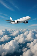 Obraz premium Airplane Flying High Above Fluffy White Clouds in Blue Sky