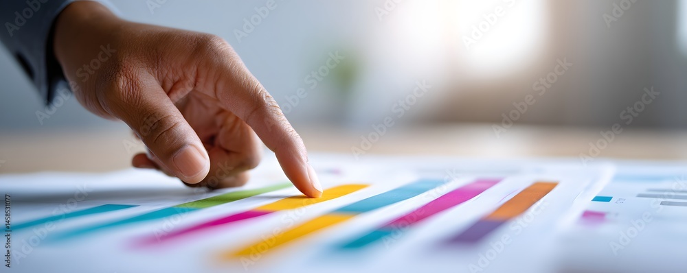 Poster financial documents with colorful bar and pie charts spread out on a desk, with a consultant's hand 